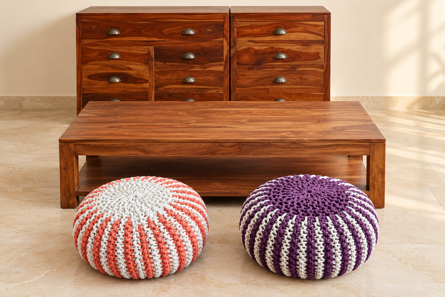 Zwei gehäkelte Poufs in Korall-Weiß und Violett-Weiß vor Holzmöbeln